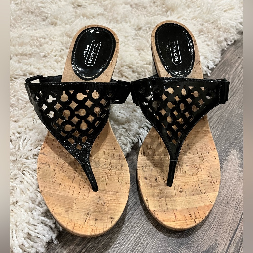Coach Black Patent Leather Wedge Cork Sandals Size 8.